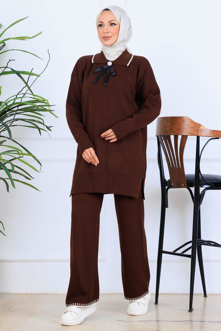 BNG Women Yakası Kurdele Detay Triko Takım S1064 Kahverengi - Matosinhos