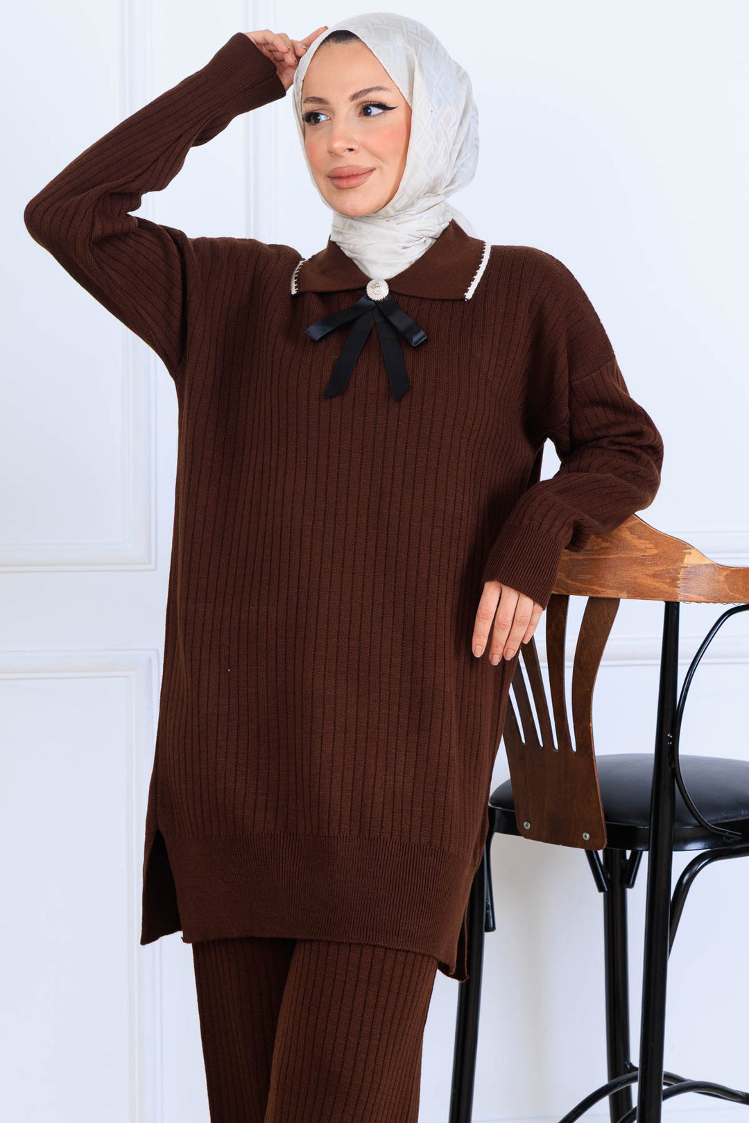 BNG Women Yakası Kurdele Detay Triko Takım S1064 Kahverengi - Matosinhos