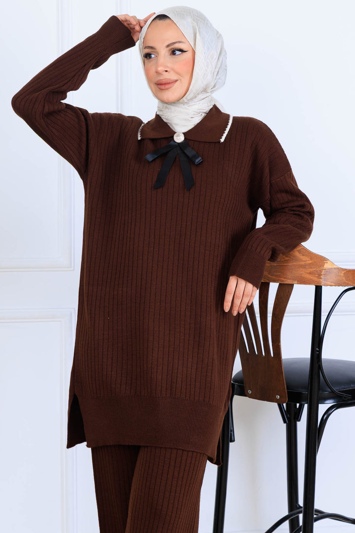 BNG Women Yakası Kurdele Detay Triko Takım S1064 Kahverengi - Matosinhos