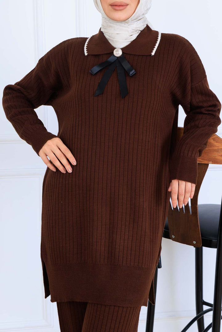 BNG Women Yakası Kurdele Detay Triko Takım S1064 Kahverengi - Matosinhos