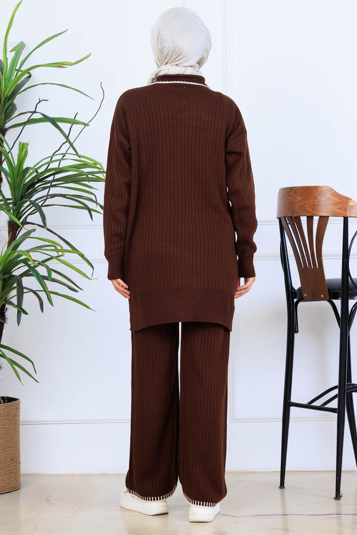 BNG Women Yakası Kurdele Detay Triko Takım S1064 Kahverengi - Matosinhos