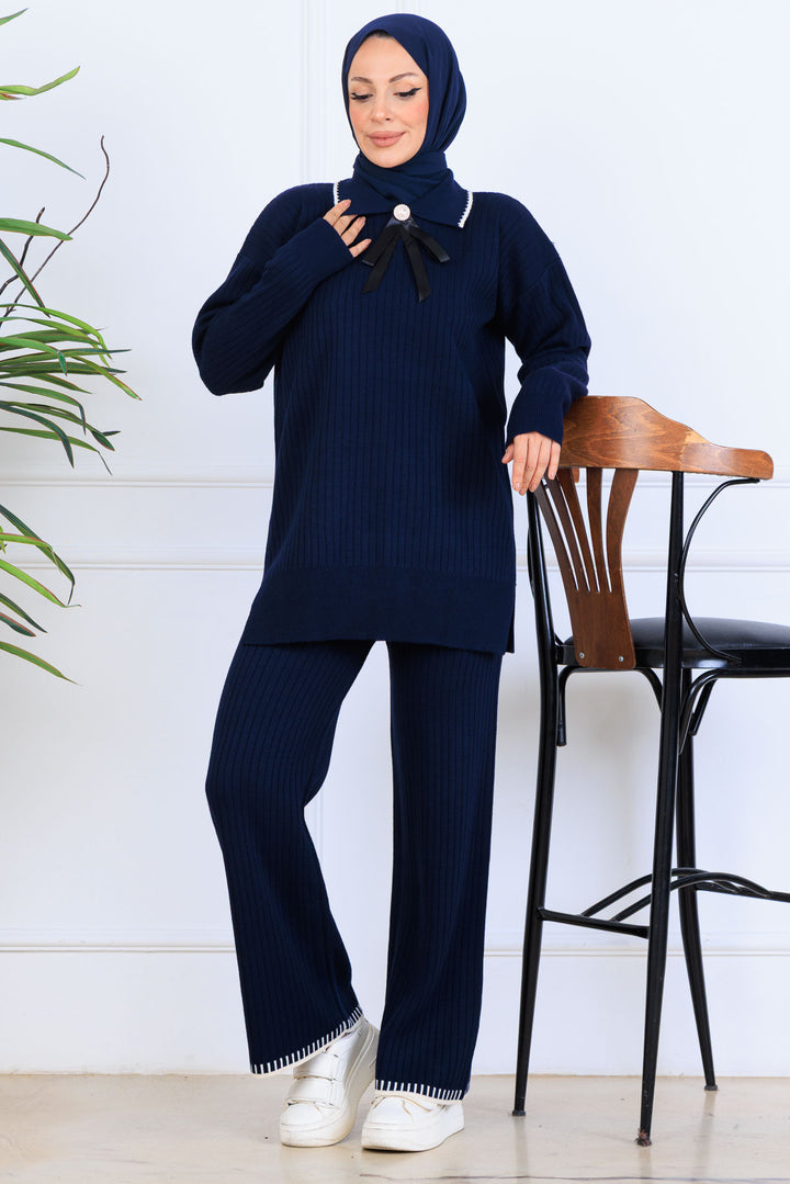 BNG Women Yakası Kurdele Detay Triko Takım S1064 Lacivert - Ashford