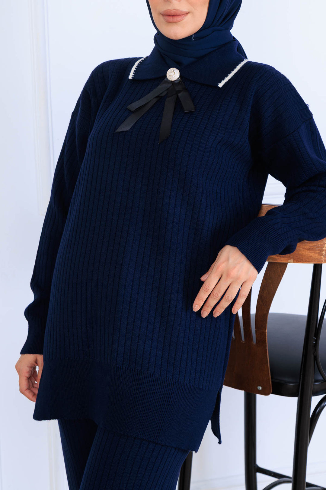 BNG Women Yakası Kurdele Detay Triko Takım S1064 Lacivert - Ashford