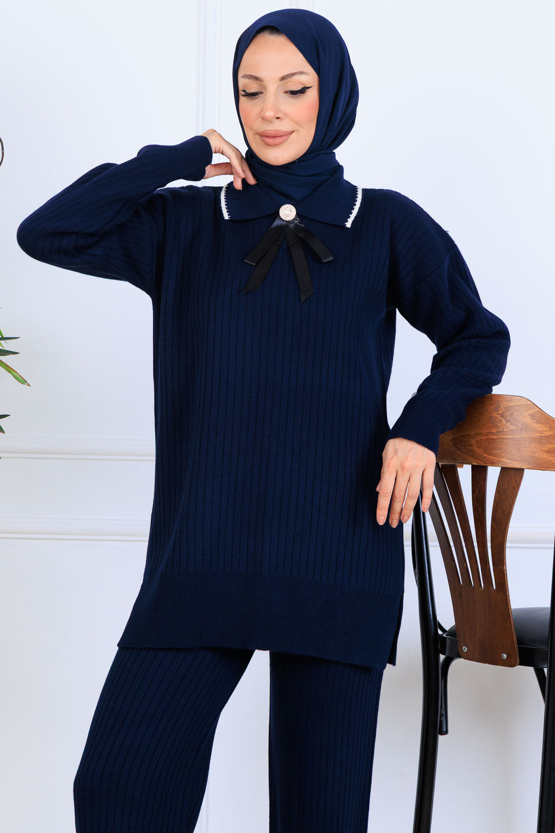 BNG Women Yakası Kurdele Detay Triko Takım S1064 Lacivert - Ashford