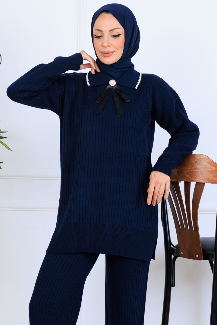 BNG Women Yakası Kurdele Detay Triko Takım S1064 Lacivert - Ashford