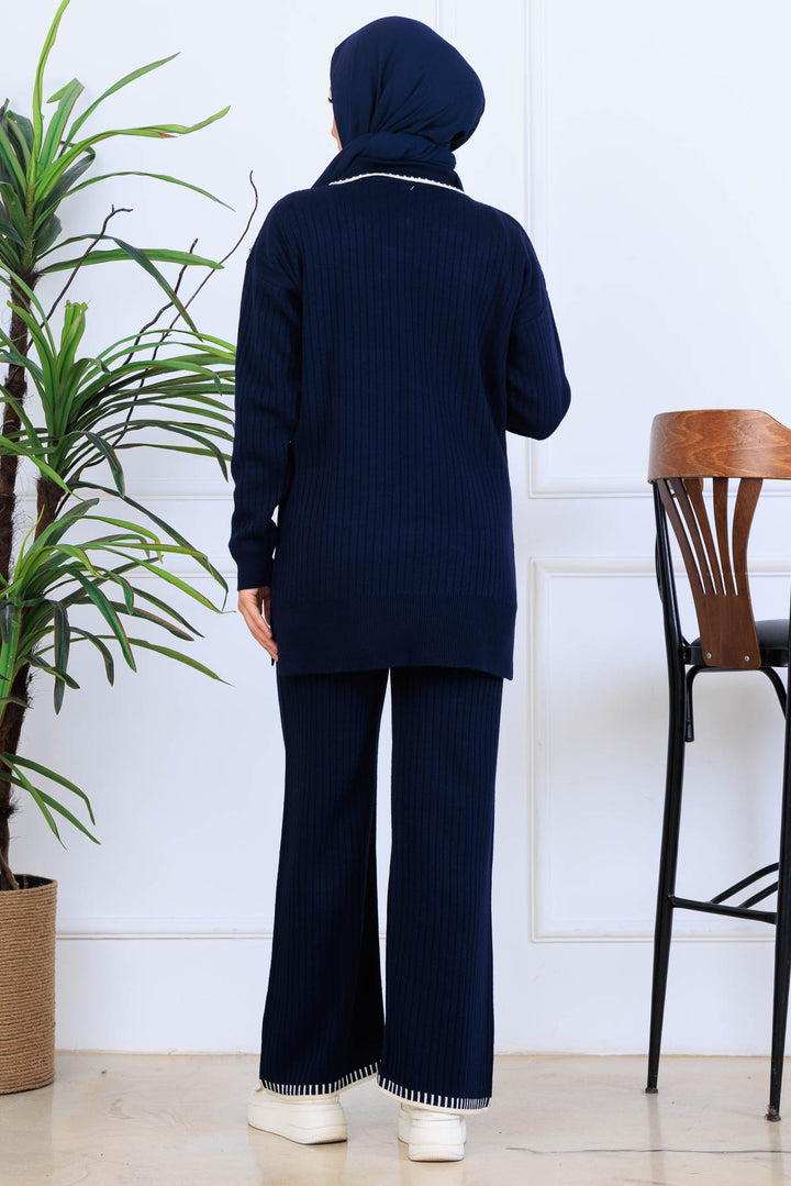 BNG Women Yakası Kurdele Detay Triko Takım S1064 Lacivert - Ashford