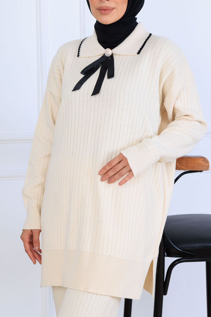 BNG Women Yakası Kurdele Detay Triko Takım S1064 Taş Rengi - Lincoln