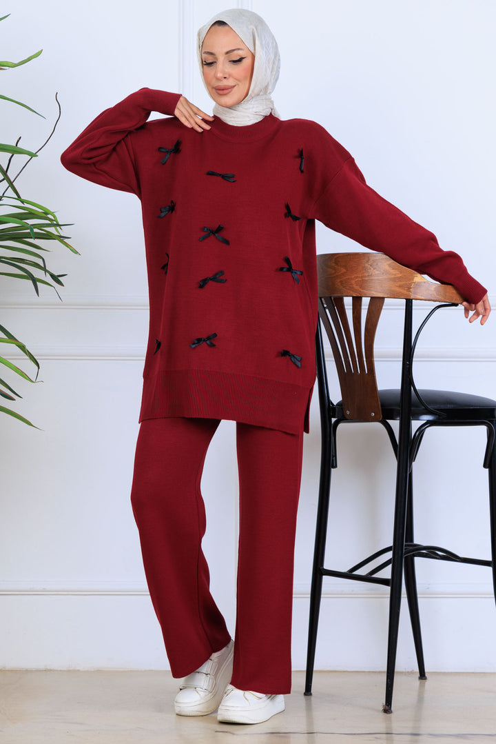 BNG Women Fiyonk Detaylı Triko Takım S1106 Bordo - Evanston