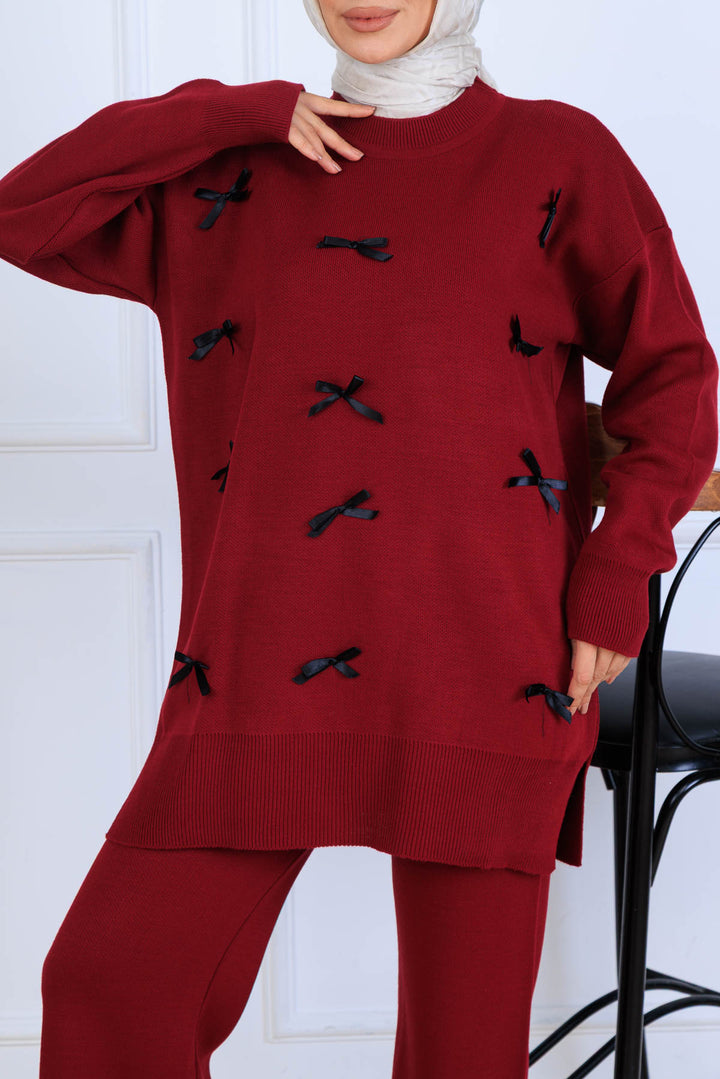 BNG Women Fiyonk Detaylı Triko Takım S1106 Bordo - Evanston