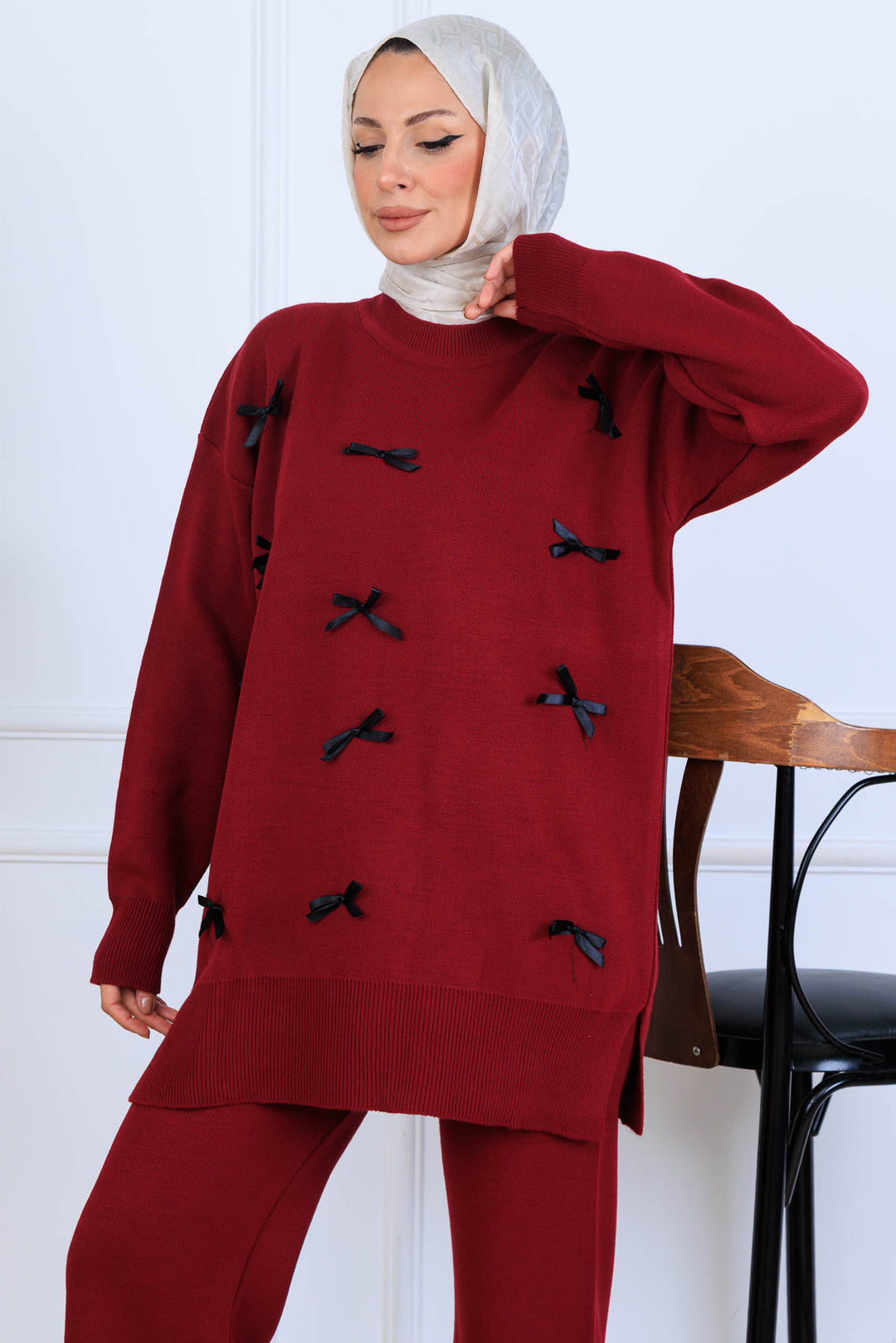 BNG Women Fiyonk Detaylı Triko Takım S1106 Bordo - Evanston