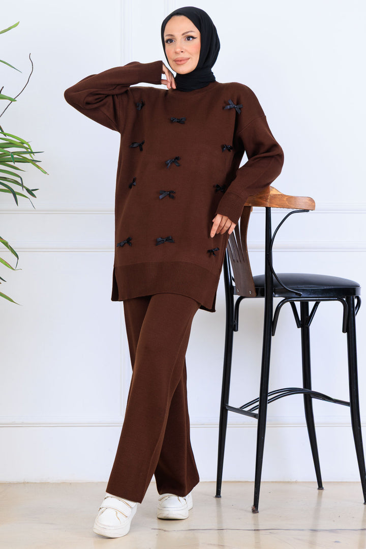 BNG Women Bow Detail Knit Set S1106 Brown - Pryluky
