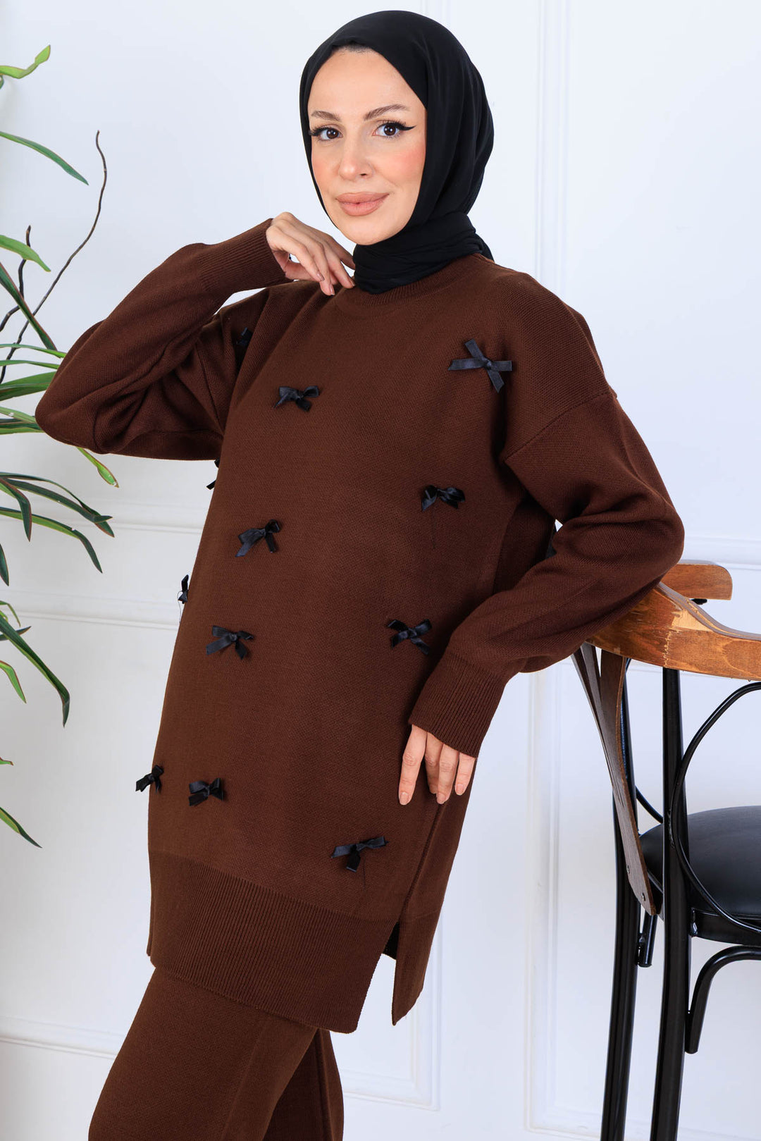 BNG Women Bow Detail Knit Set S1106 Brown - Pryluky