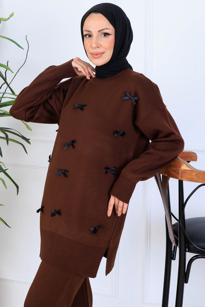 BNG Women Bow Detail Knit Set S1106 Brown - Pryluky