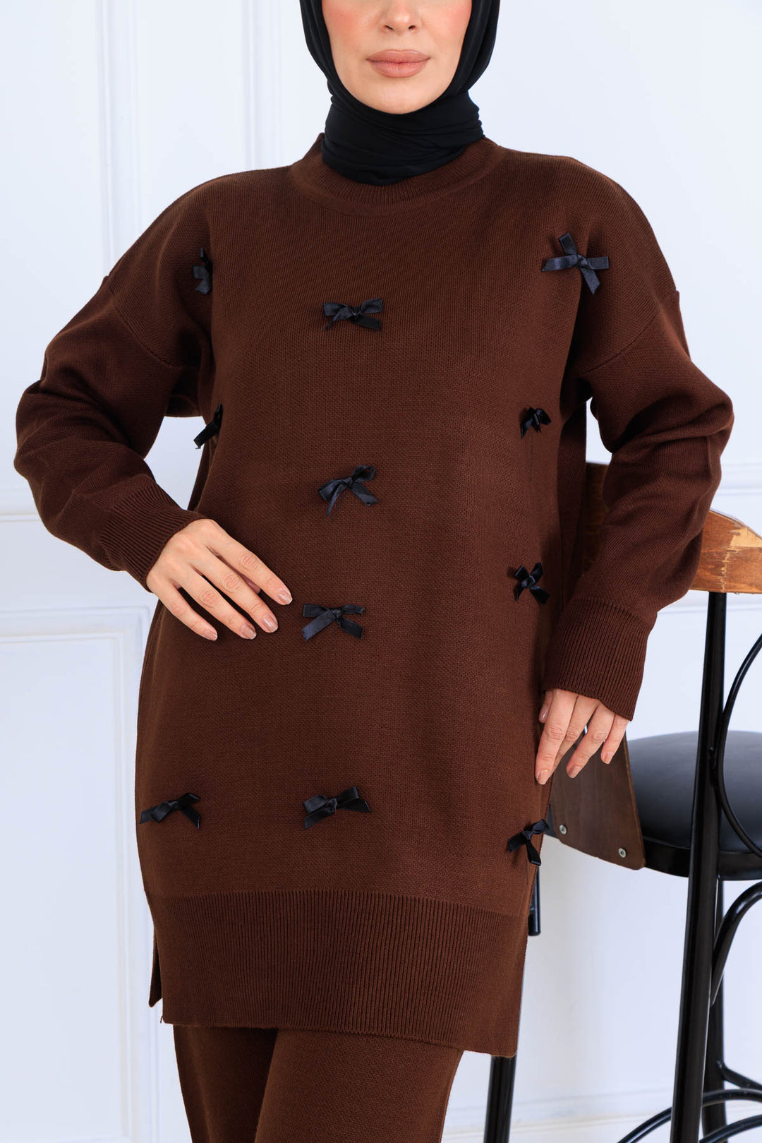 BNG Women Bow Detail Knit Set S1106 Brown - Pryluky
