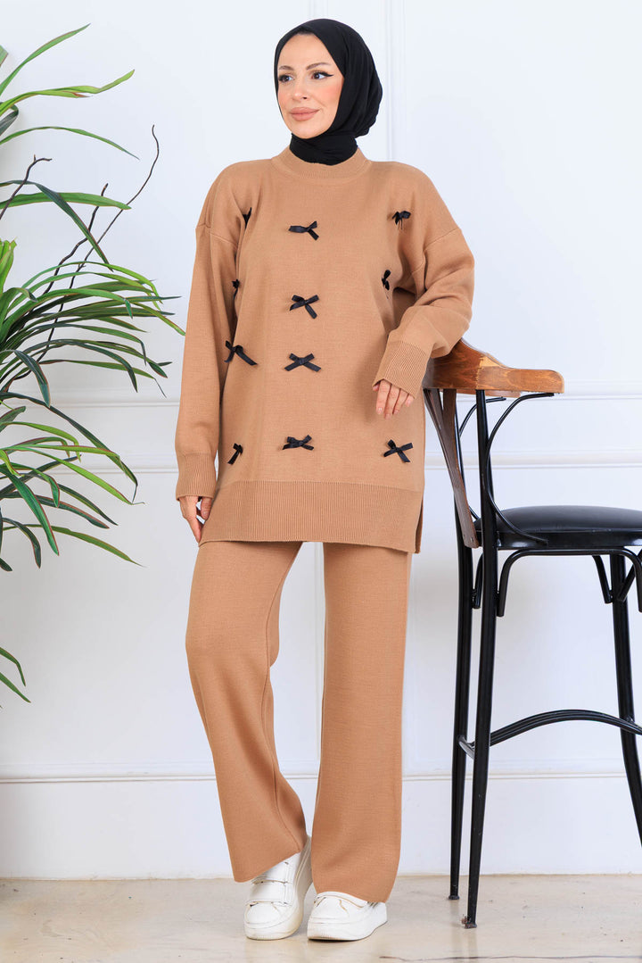 BNG Women Fiyonk Detaylı Triko Takım S1106 Vizon - Lünen