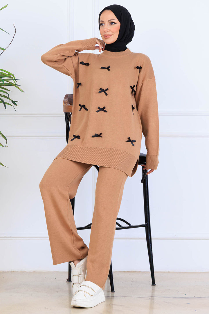 BNG Women Fiyonk Detaylı Triko Takım S1106 Vizon - Lünen