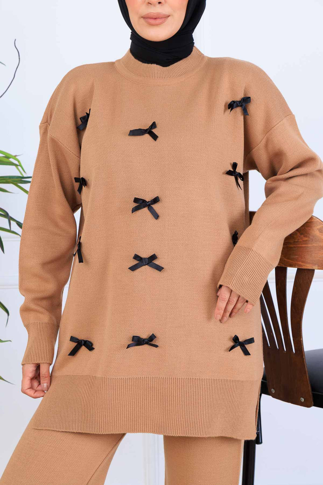 BNG Women Fiyonk Detaylı Triko Takım S1106 Vizon - Lünen