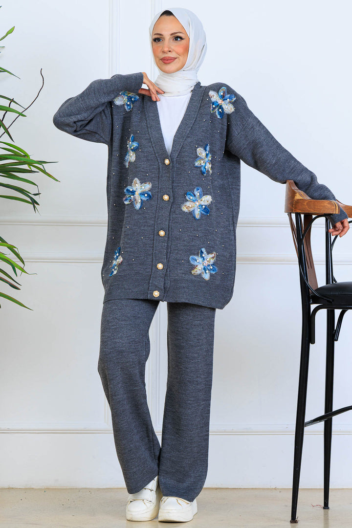 BNG Women Floral Knit Cardigan Set S1001 Anthracite - Coatepec