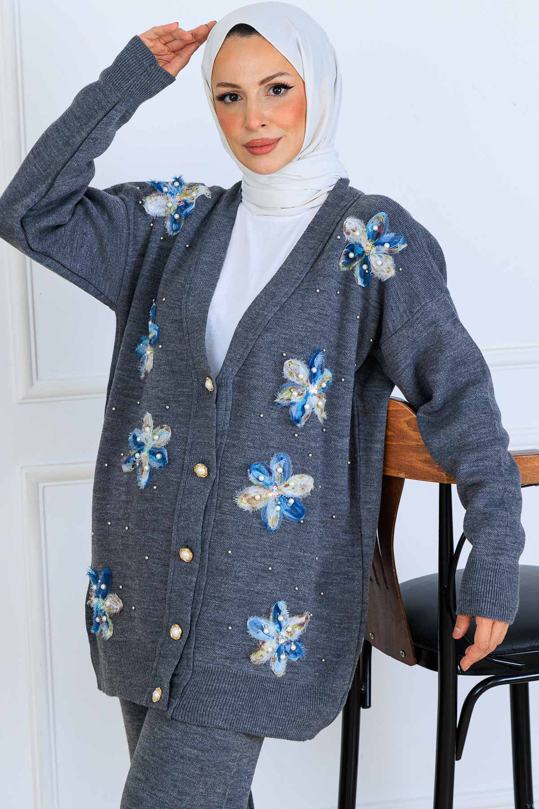 BNG Women Floral Knit Cardigan Set S1001 Anthracite - Coatepec
