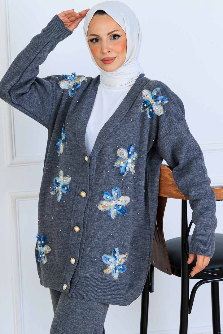 BNG Women Floral Knit Cardigan Set S1001 Anthracite - Coatepec