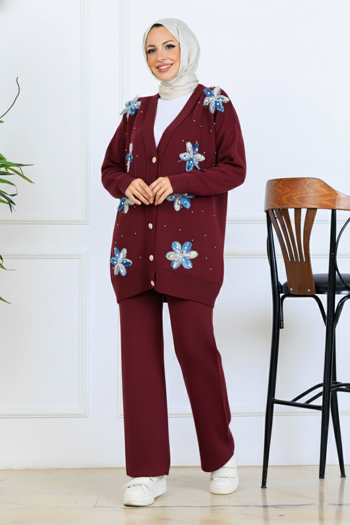 BNG Women Floral Knit Cardigan Set S1001 Burgundy - Salinas
