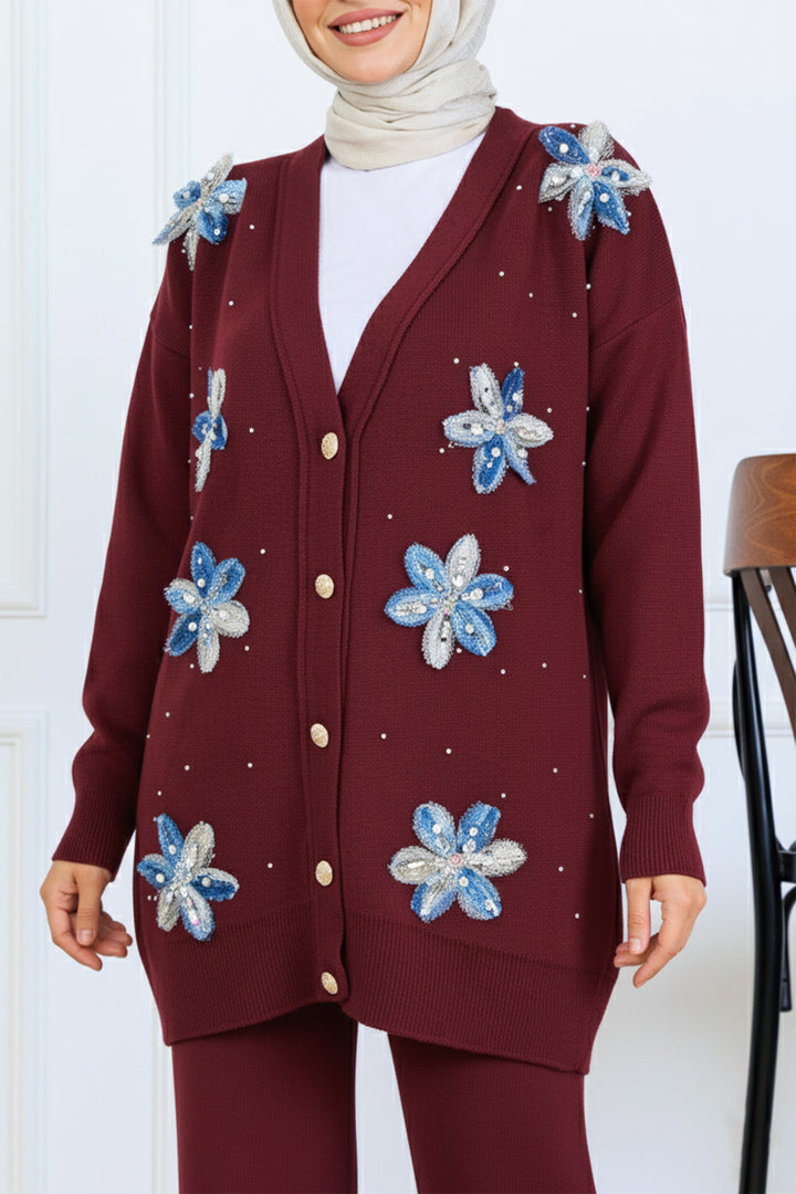 BNG Women Floral Knit Cardigan Set S1001 Burgundy - Salinas