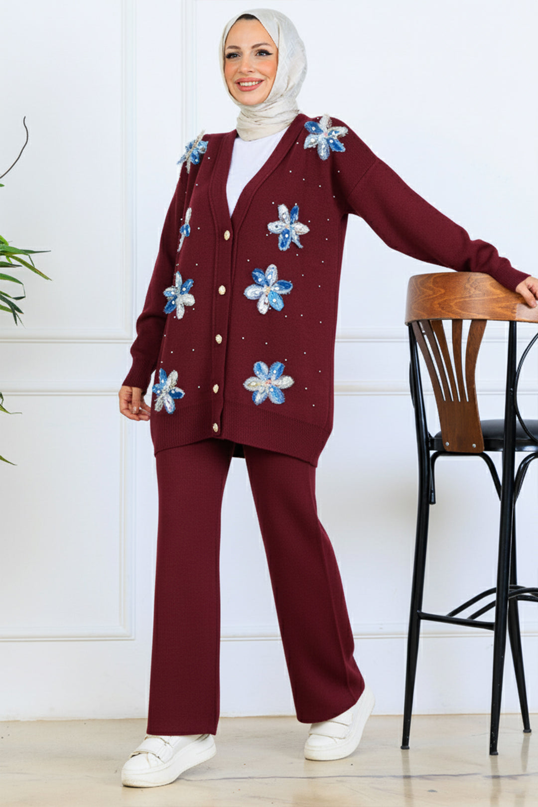 BNG Women Floral Knit Cardigan Set S1001 Burgundy - Salinas