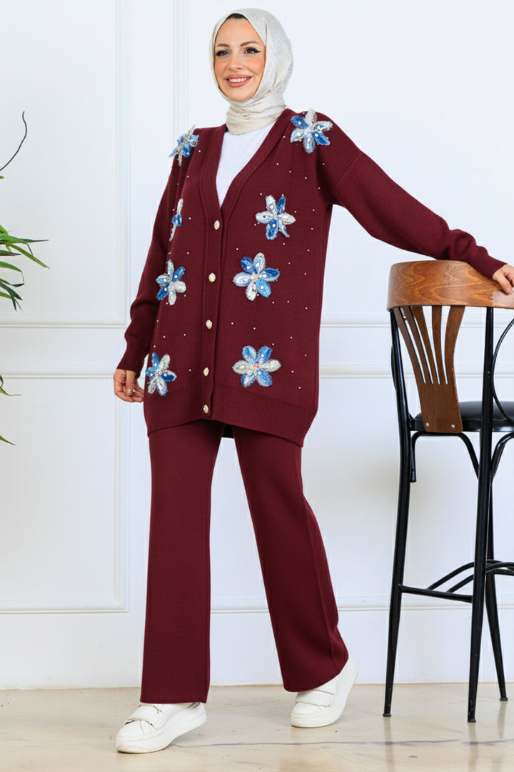 BNG Women Floral Knit Cardigan Set S1001 Burgundy - Salinas