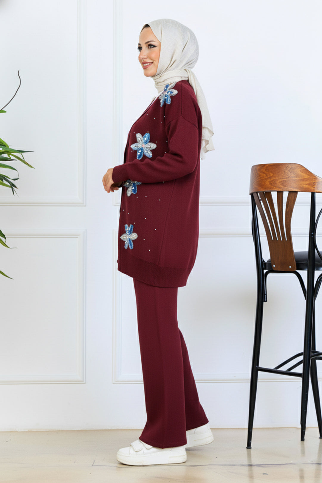 BNG Women Floral Knit Cardigan Set S1001 Burgundy - Salinas