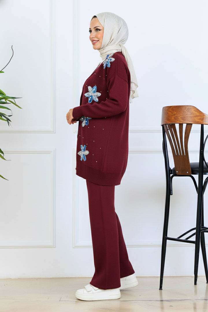 BNG Women Floral Knit Cardigan Set S1001 Burgundy - Salinas