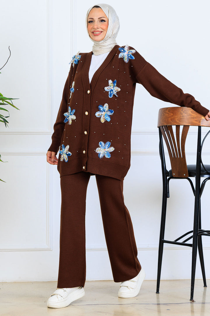 BNG Women Floral Knit Cardigan Set S1001 Brown - Mörfelden-Walldorf