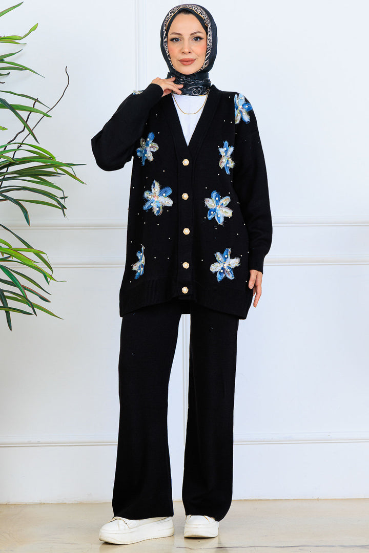 BNG Women Floral Knit Cardigan Set S1001 Black - Newark