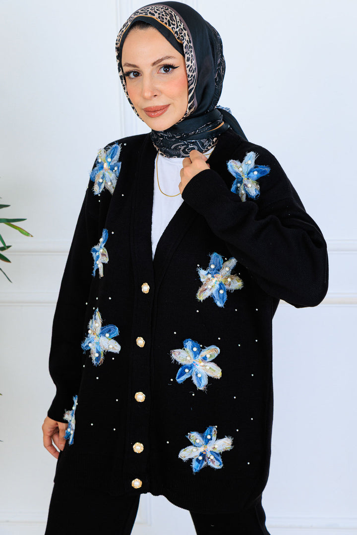 BNG Women Floral Knit Cardigan Set S1001 Black - Newark