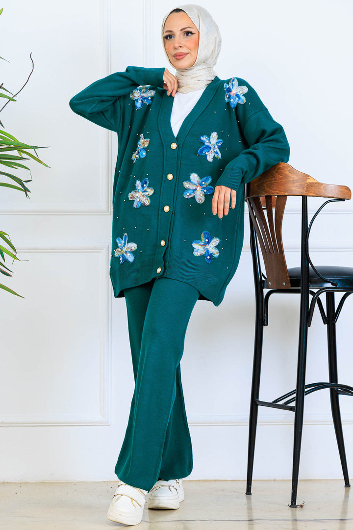 BNG Women Floral Knit Cardigan Set S1001 Emerald Green - Fredericksburg