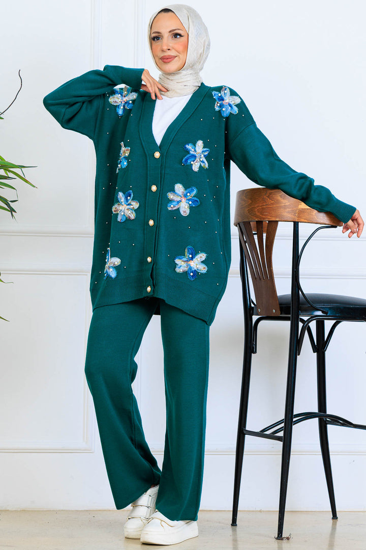 BNG Women Floral Knit Cardigan Set S1001 Emerald Green - Fredericksburg
