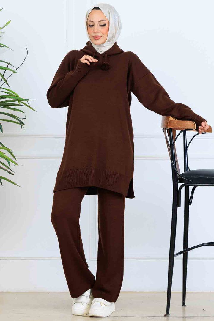 BNG Women Kapüşonlu Triko Takım S1079 Kahverengi - Gainesville