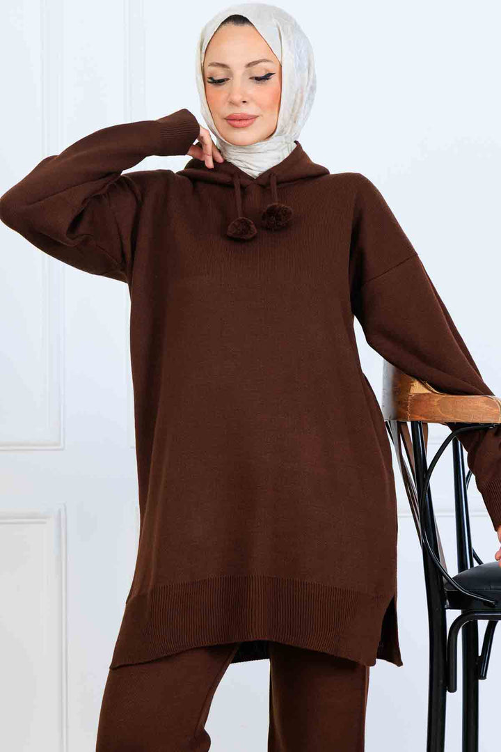 BNG Women Kapüşonlu Triko Takım S1079 Kahverengi - Gainesville