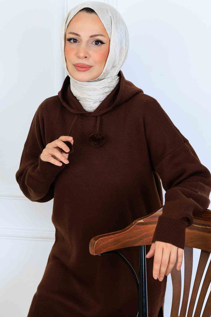 BNG Women Kapüşonlu Triko Takım S1079 Kahverengi - Gainesville