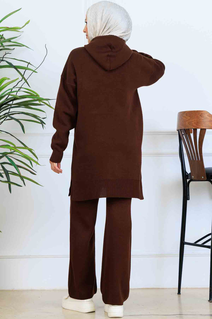 BNG Women Kapüşonlu Triko Takım S1079 Kahverengi - Gainesville