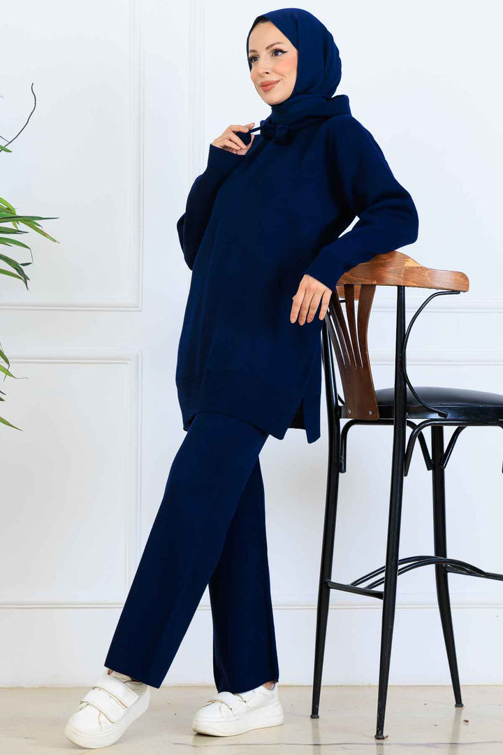 BNG Women Kapüşonlu Triko Takım S1079 Lacivert - Valle Hermoso