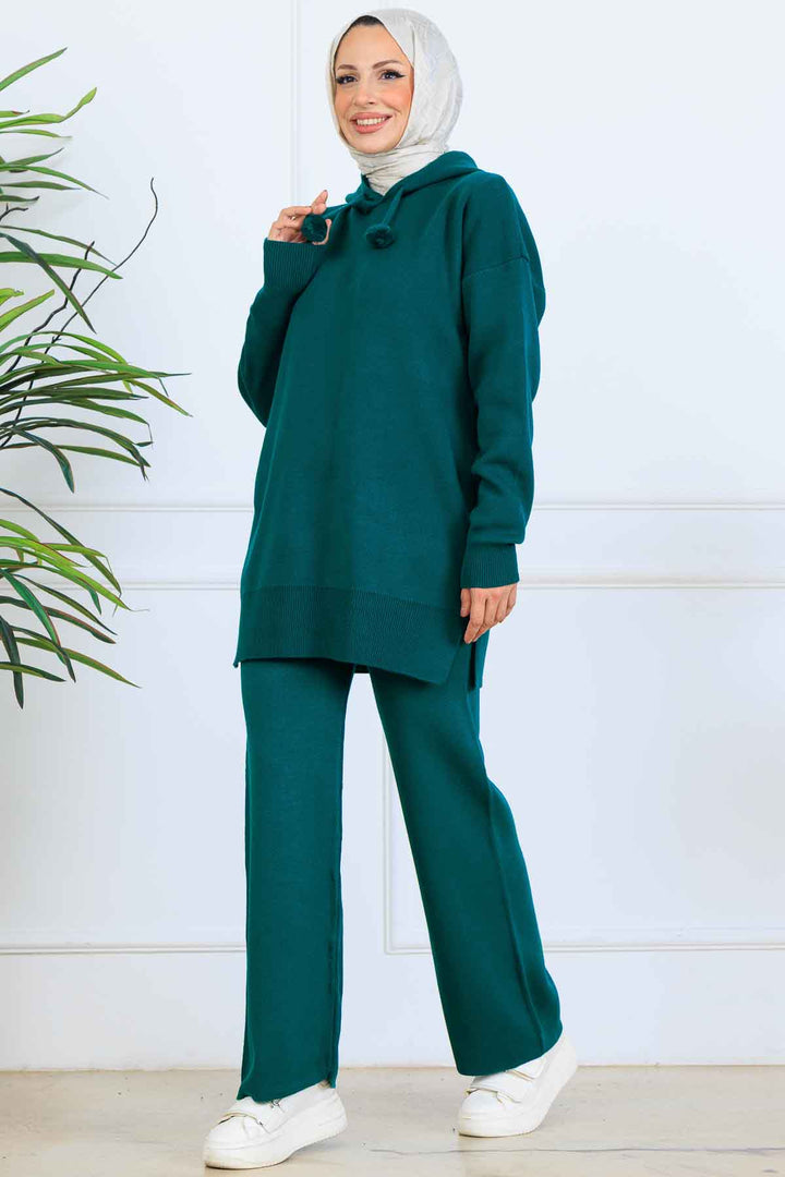 BNG Women Kapüşonlu Triko Takım S1079 Zümrüt Yeşili - Williamsburg