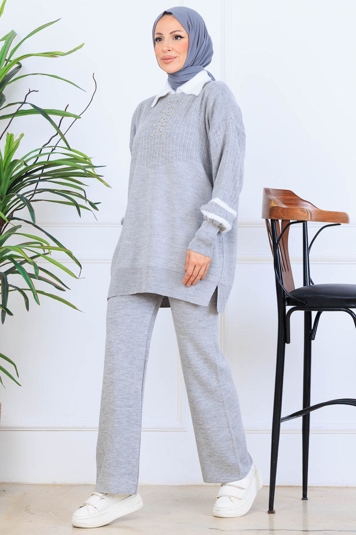 BNG Women Taş İşlemeli Triko Takım S1009 Gri - Guiseley