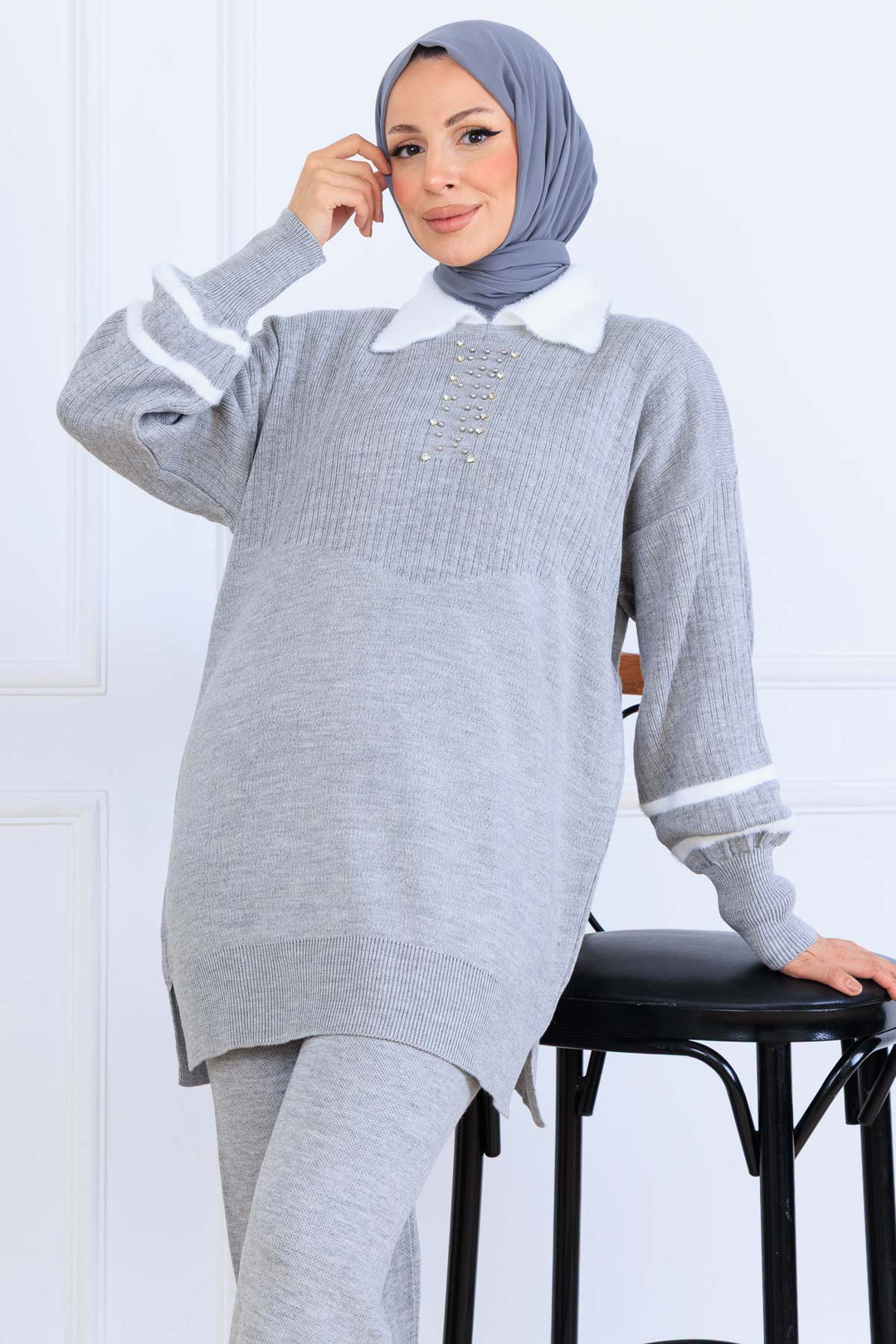 BNG Women Taş İşlemeli Triko Takım S1009 Gri - Guiseley