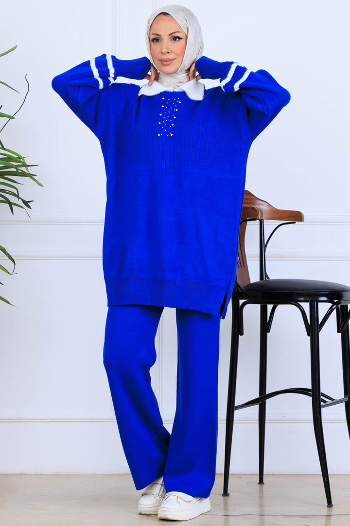 BNG Women Taş İşlemeli Triko Takım S1009 Saks Mavisi - Fruit Cove