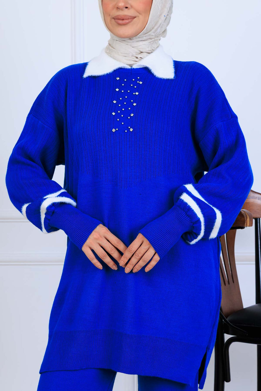 BNG Women Taş İşlemeli Triko Takım S1009 Saks Mavisi - Fruit Cove