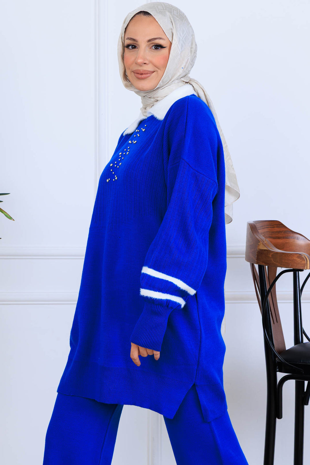 BNG Women Taş İşlemeli Triko Takım S1009 Saks Mavisi - Fruit Cove