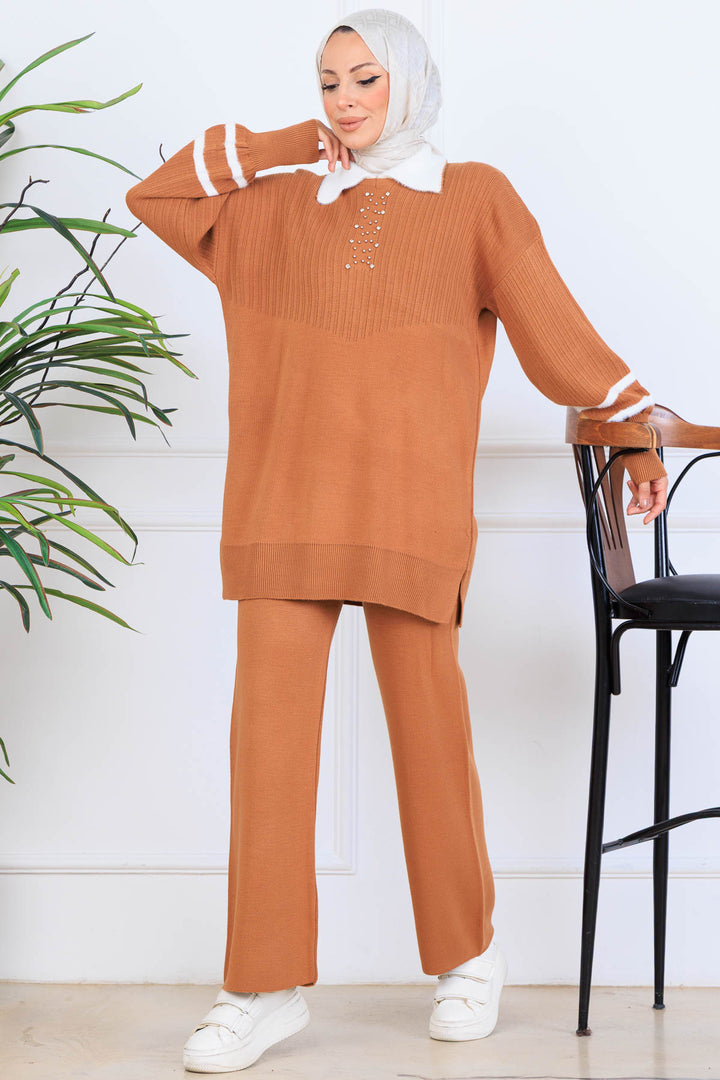 BNG Women Taş İşlemeli Triko Takım S1009 Taba - Goose Creek