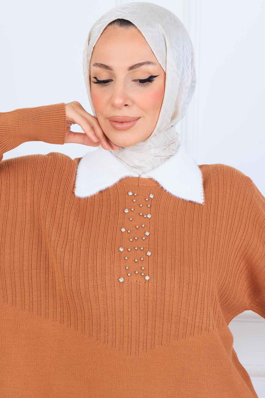 BNG Women Taş İşlemeli Triko Takım S1009 Taba - Goose Creek