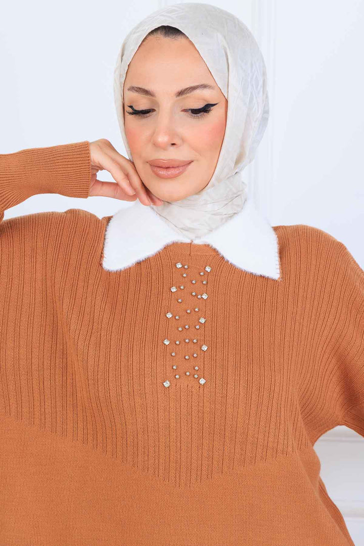 BNG Women Taş İşlemeli Triko Takım S1009 Taba - Goose Creek