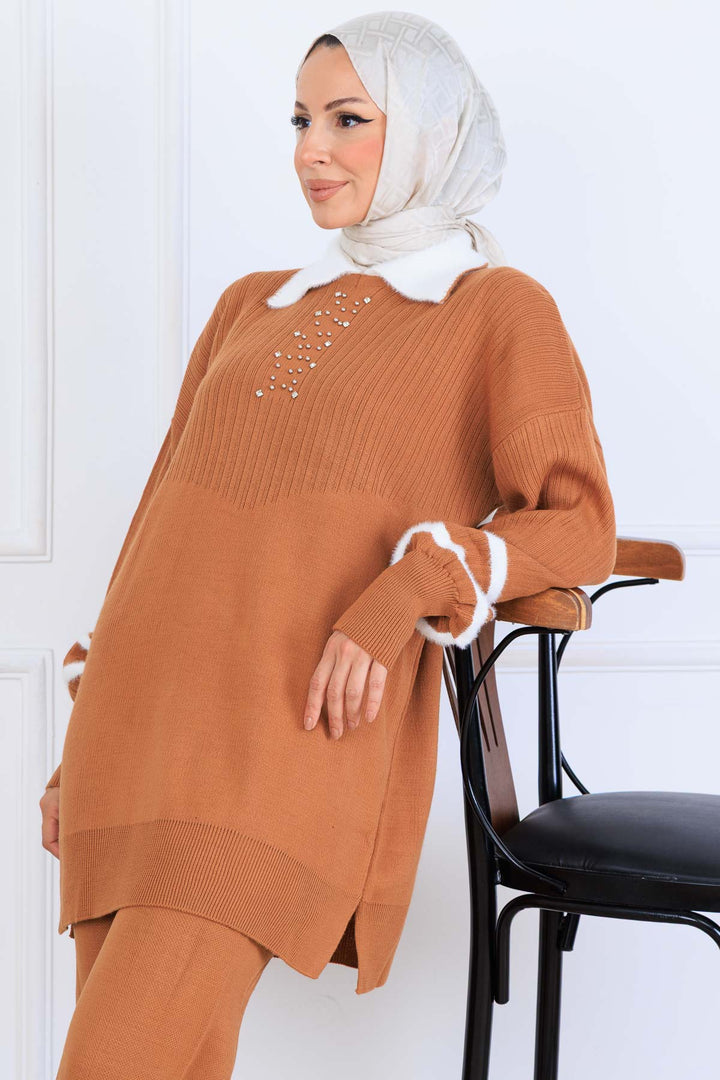 BNG Women Taş İşlemeli Triko Takım S1009 Taba - Goose Creek